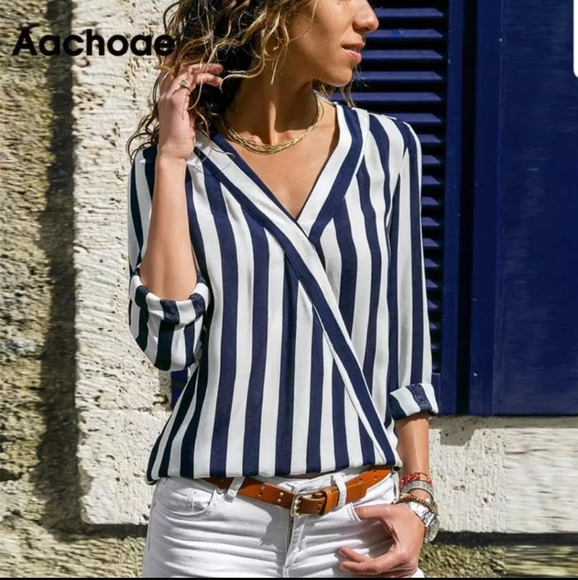 Tops - Navy & White Stripe High/Low Criss-Cross Blouse Size XL